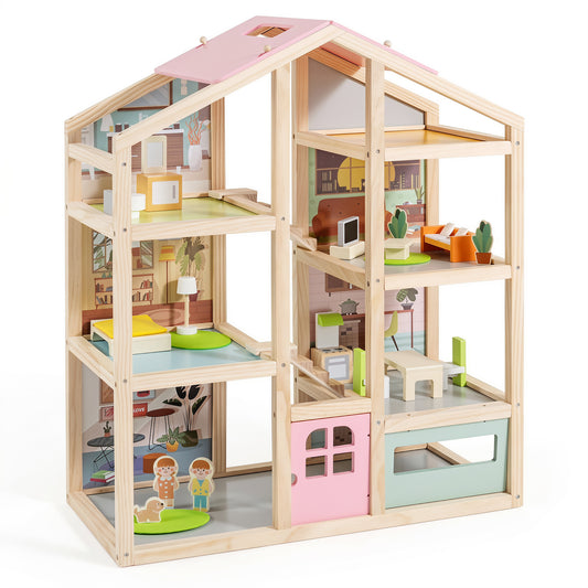 Costway Modern Family DIY Play House Toy with Garage and Openable Door for kids-Pink