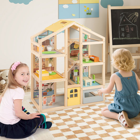 Costway Modern Family DIY Play House Toy with Garage and Openable Door for kids-Natural