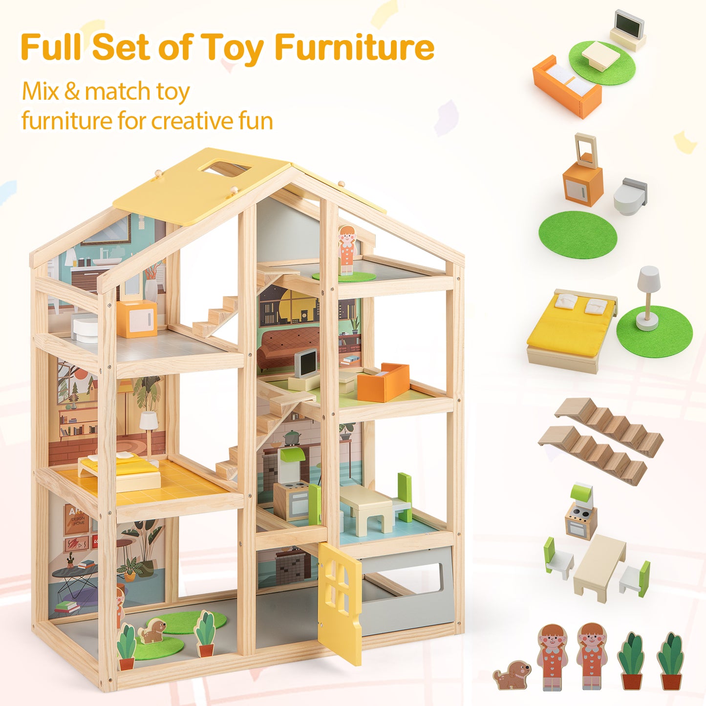 Natural Wooden Dollhouse | Multi-Room Playhouse With Garage For Kids