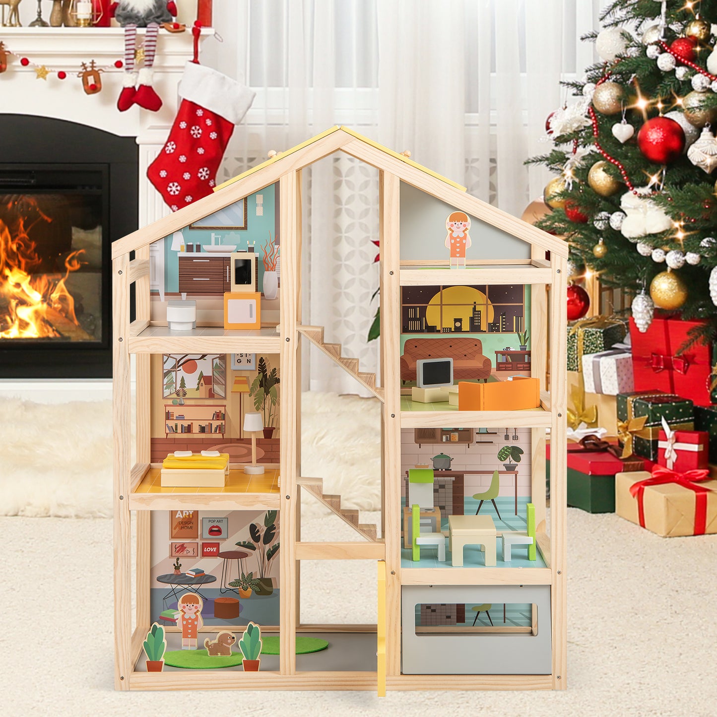 Natural Wooden Dollhouse | Multi-Room Playhouse With Garage For Kids
