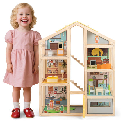 Natural Wooden Dollhouse | Multi-Room Playhouse With Garage For Kids