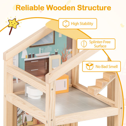 Natural Wooden Dollhouse | Multi-Room Playhouse With Garage For Kids