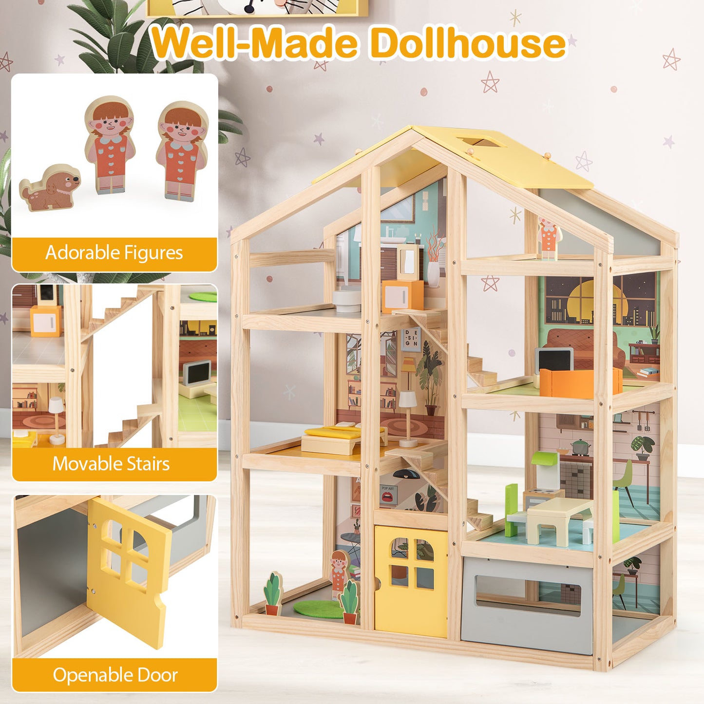 Natural Wooden Dollhouse | Multi-Room Playhouse With Garage For Kids