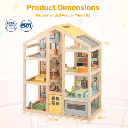 Natural Wooden Dollhouse | Multi-Room Playhouse With Garage For Kids