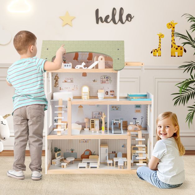 Wooden Dollhouse with Balcony Pool & 33 Furniture Pieces Light Green