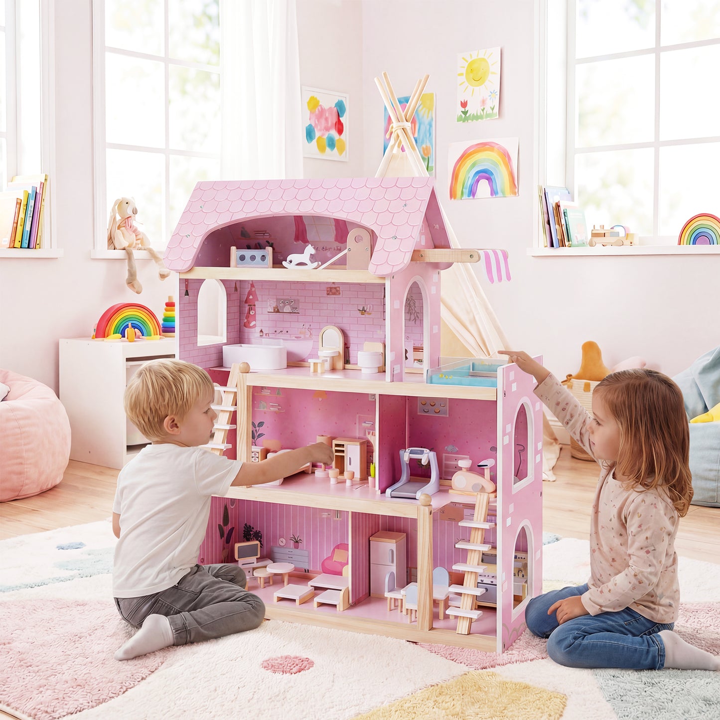 Modern Wooden Dollhouse with Balcony & Pool | 33 Pieces Pink
