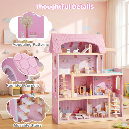 Modern Wooden Dollhouse with Balcony & Pool | 33 Pieces Pink