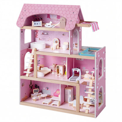 Modern Wooden Dollhouse with Balcony & Pool | 33 Pieces Pink