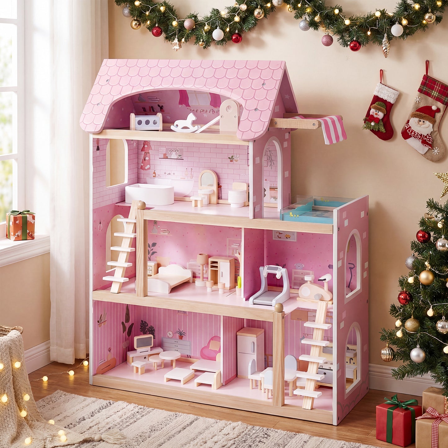 Modern Wooden Dollhouse with Balcony & Pool | 33 Pieces Pink