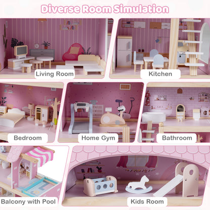 Modern Wooden Dollhouse with Balcony & Pool | 33 Pieces Pink