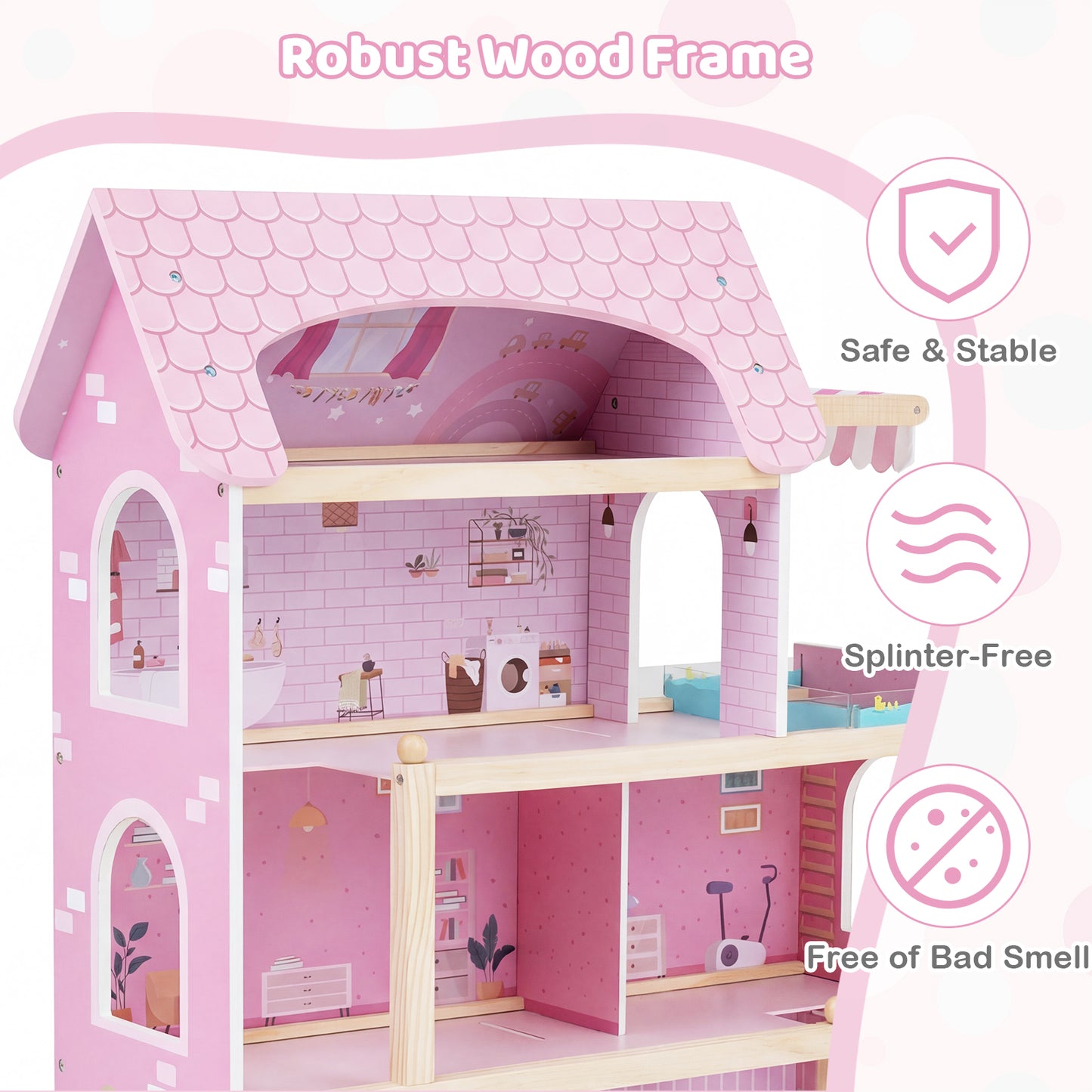Modern Wooden Dollhouse with Balcony & Pool | 33 Pieces Pink
