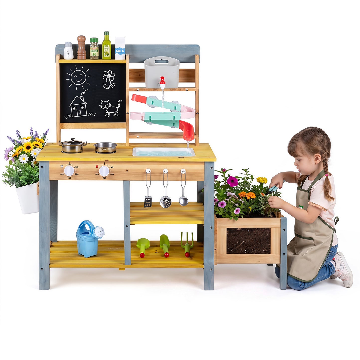 Natural Fir Wood Mud Kitchen | Sink Faucet & Chalkboard Play Set