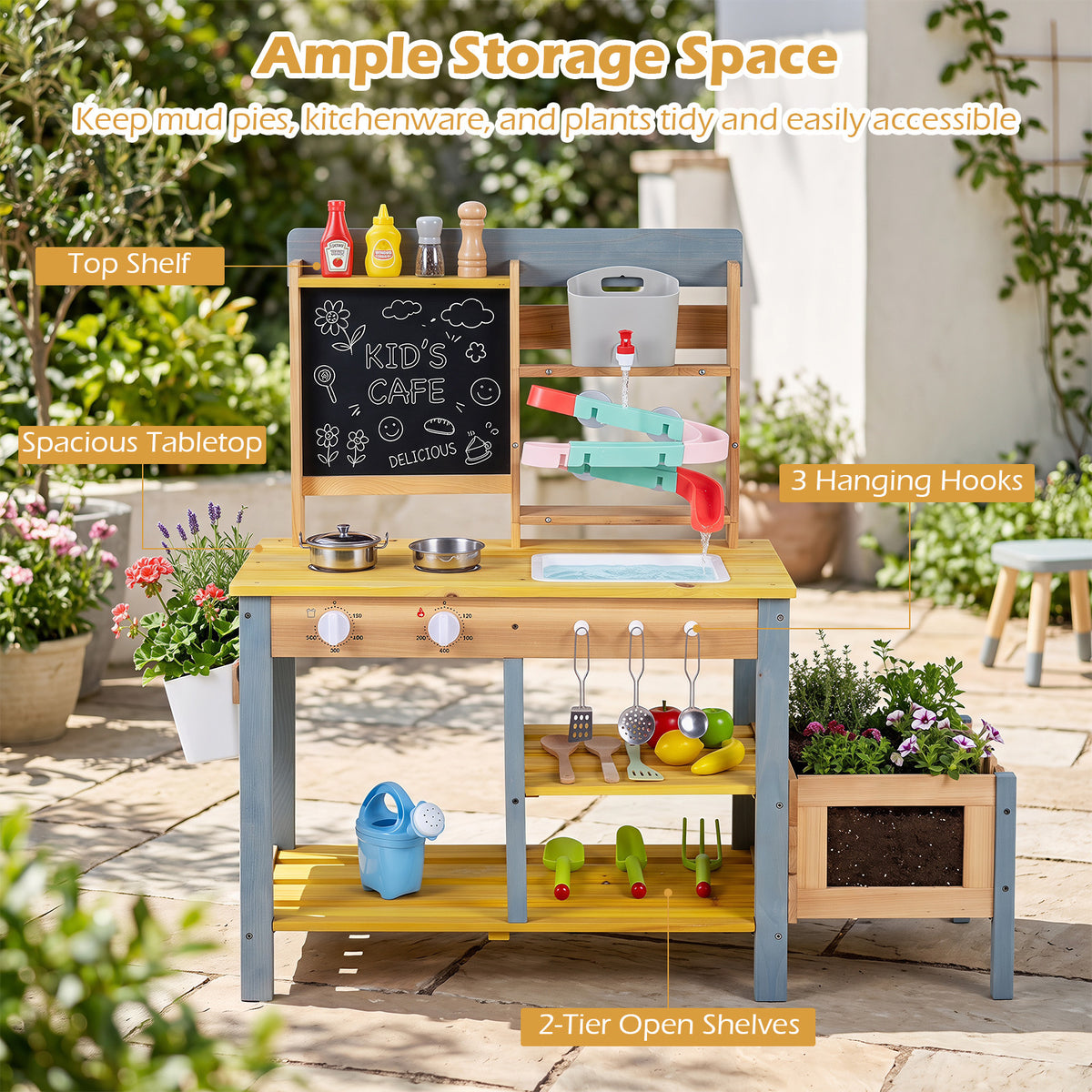 Natural Fir Wood Mud Kitchen | Sink Faucet & Chalkboard Play Set
