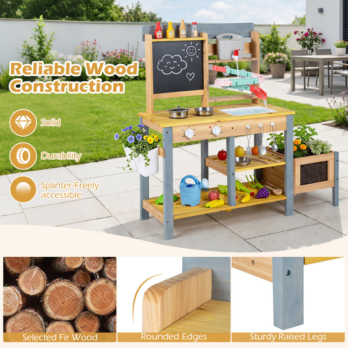 Natural Fir Wood Mud Kitchen | Sink Faucet & Chalkboard Play Set