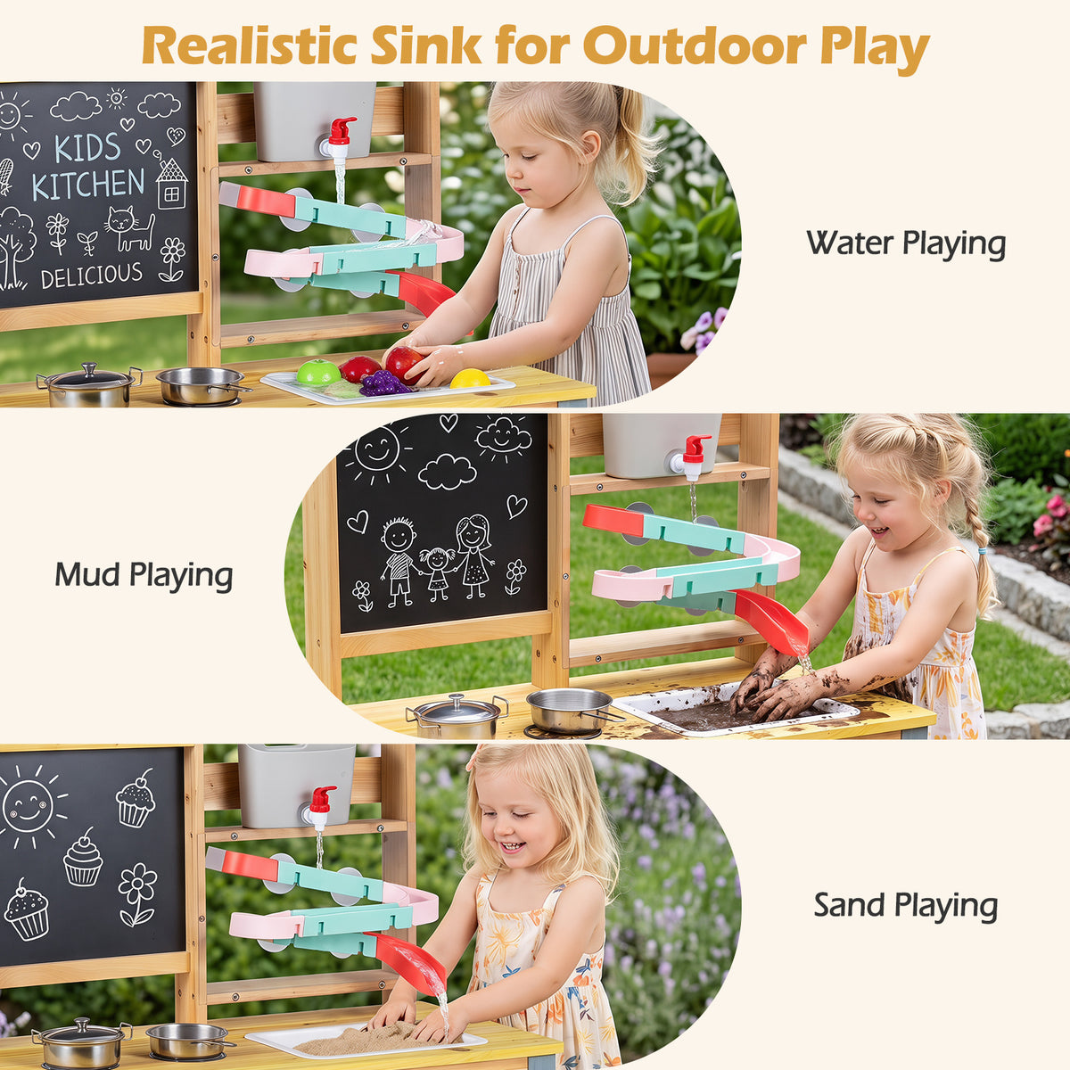 Natural Fir Wood Mud Kitchen | Sink Faucet & Chalkboard Play Set