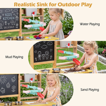 Natural Fir Wood Mud Kitchen | Sink Faucet & Chalkboard Play Set