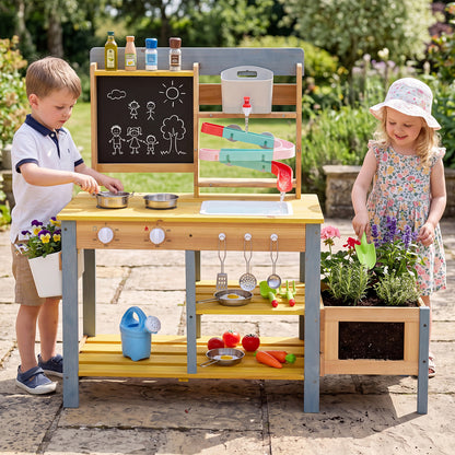 Costway Mud Kitchen and Fir Wood Kids Play Kitchen Set with Faucet and Sink