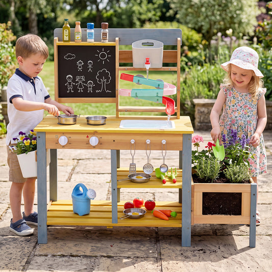 Costway Mud Kitchen and Fir Wood Kids Play Kitchen Set with Faucet and Sink