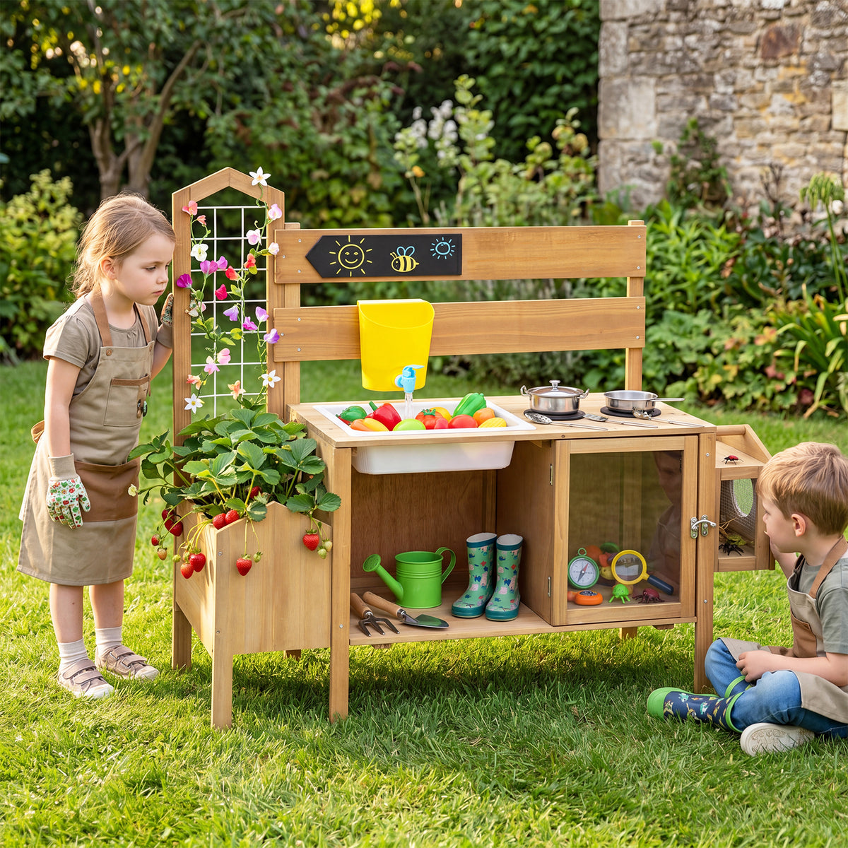 Costway Kids Mud Kitchen with Sink Stoves and Planter Box for Outdoor Play 3+-Natural