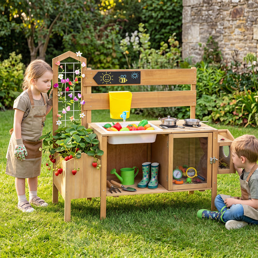 Costway Kids Mud Kitchen with Sink Stoves and Planter Box for Outdoor Play 3+-Natural