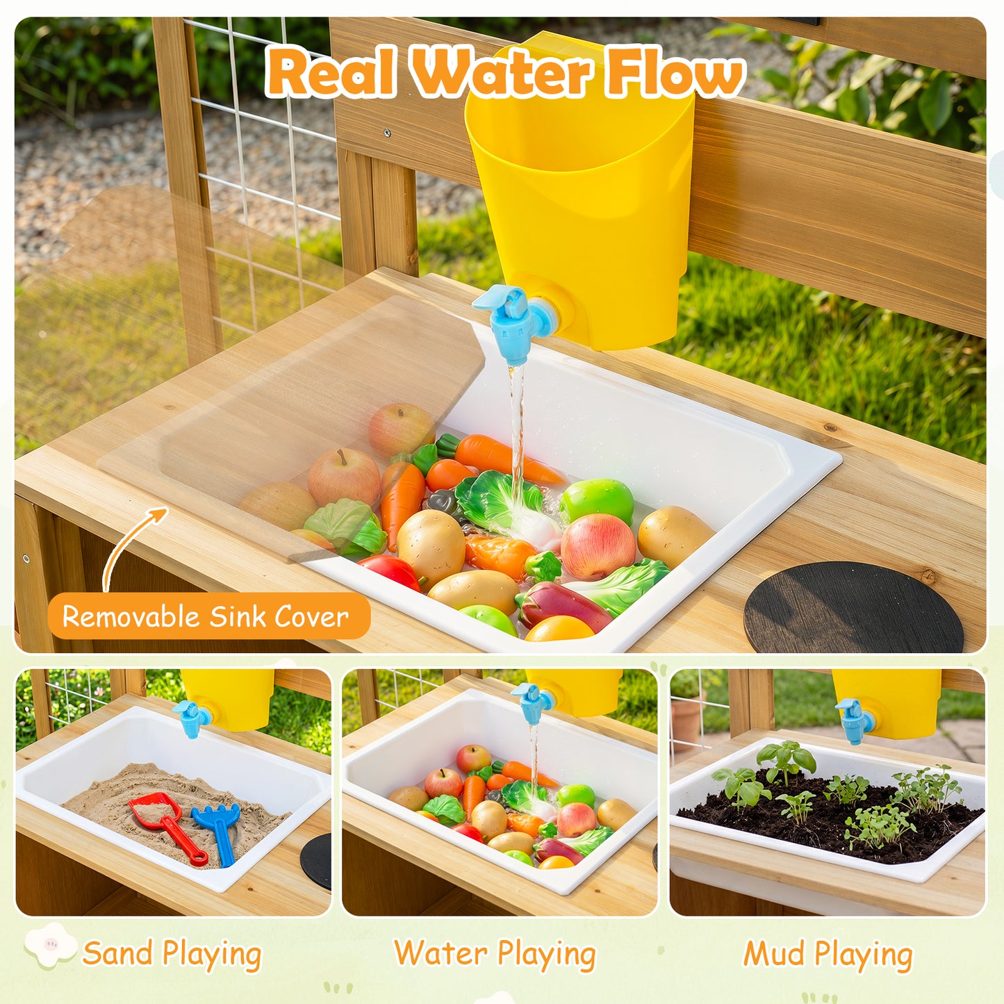 Natural Kids Mud Kitchen | Sink Stove Planter Bird Cage