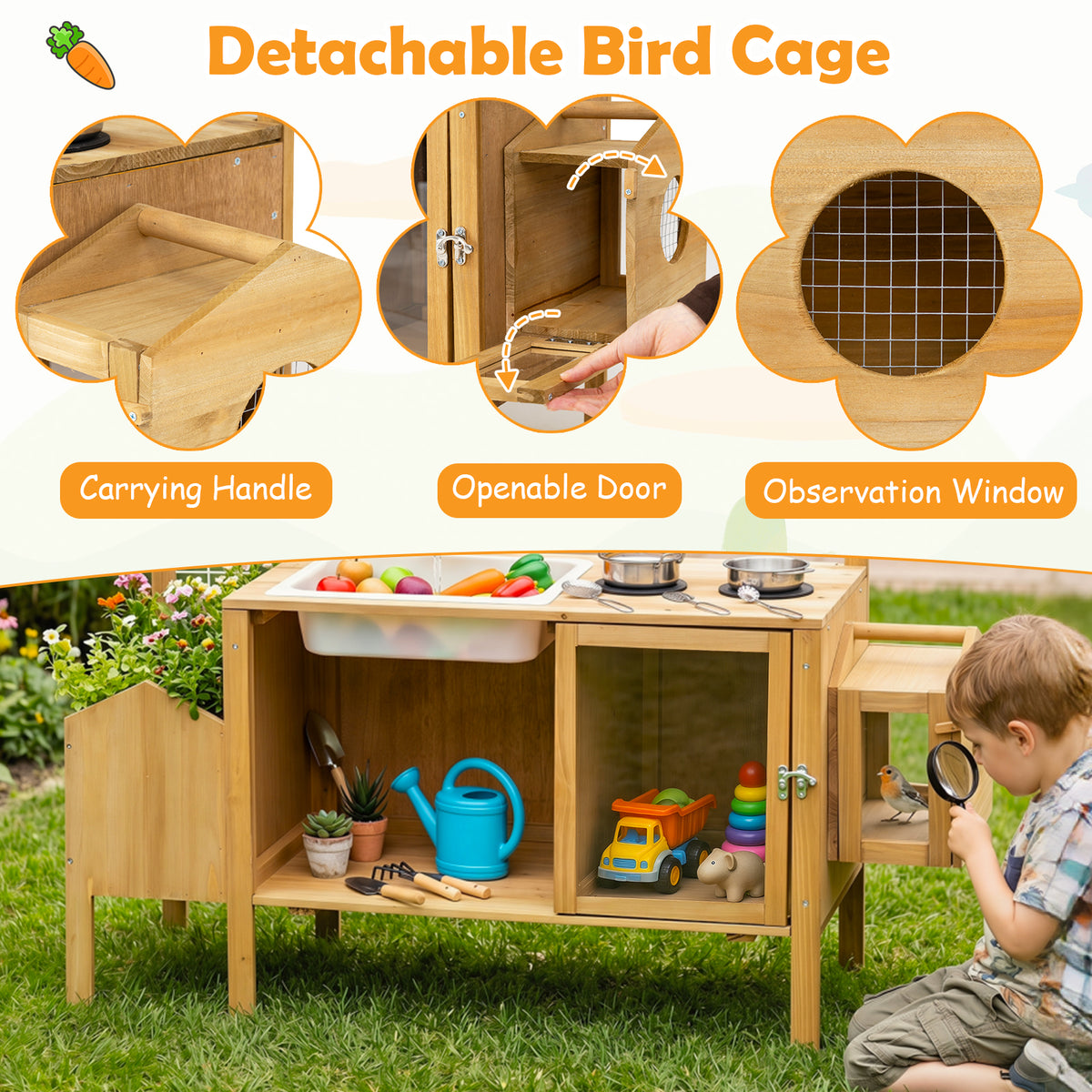 Natural Kids Mud Kitchen | Sink Stove Planter Bird Cage