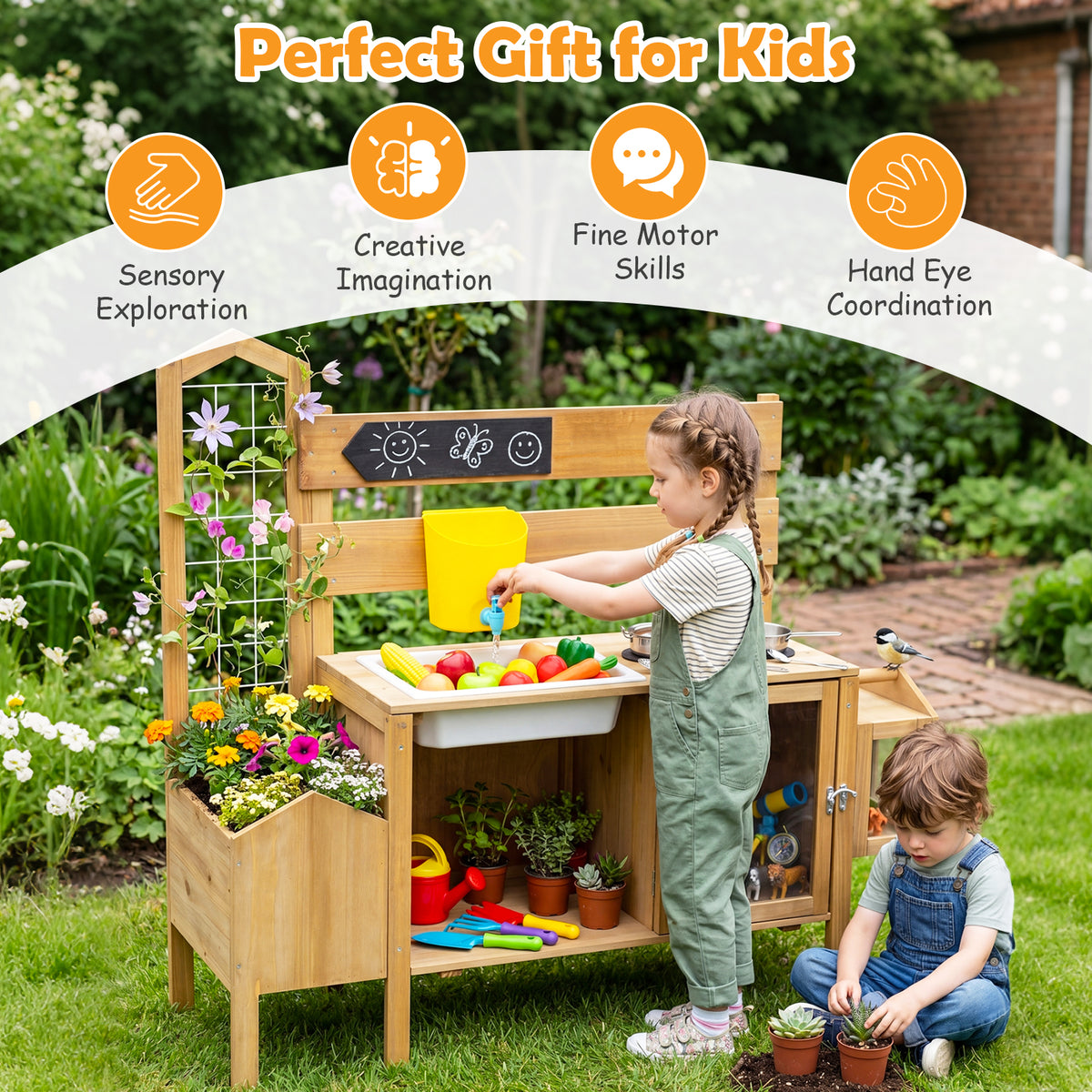 Natural Kids Mud Kitchen | Sink Stove Planter Bird Cage