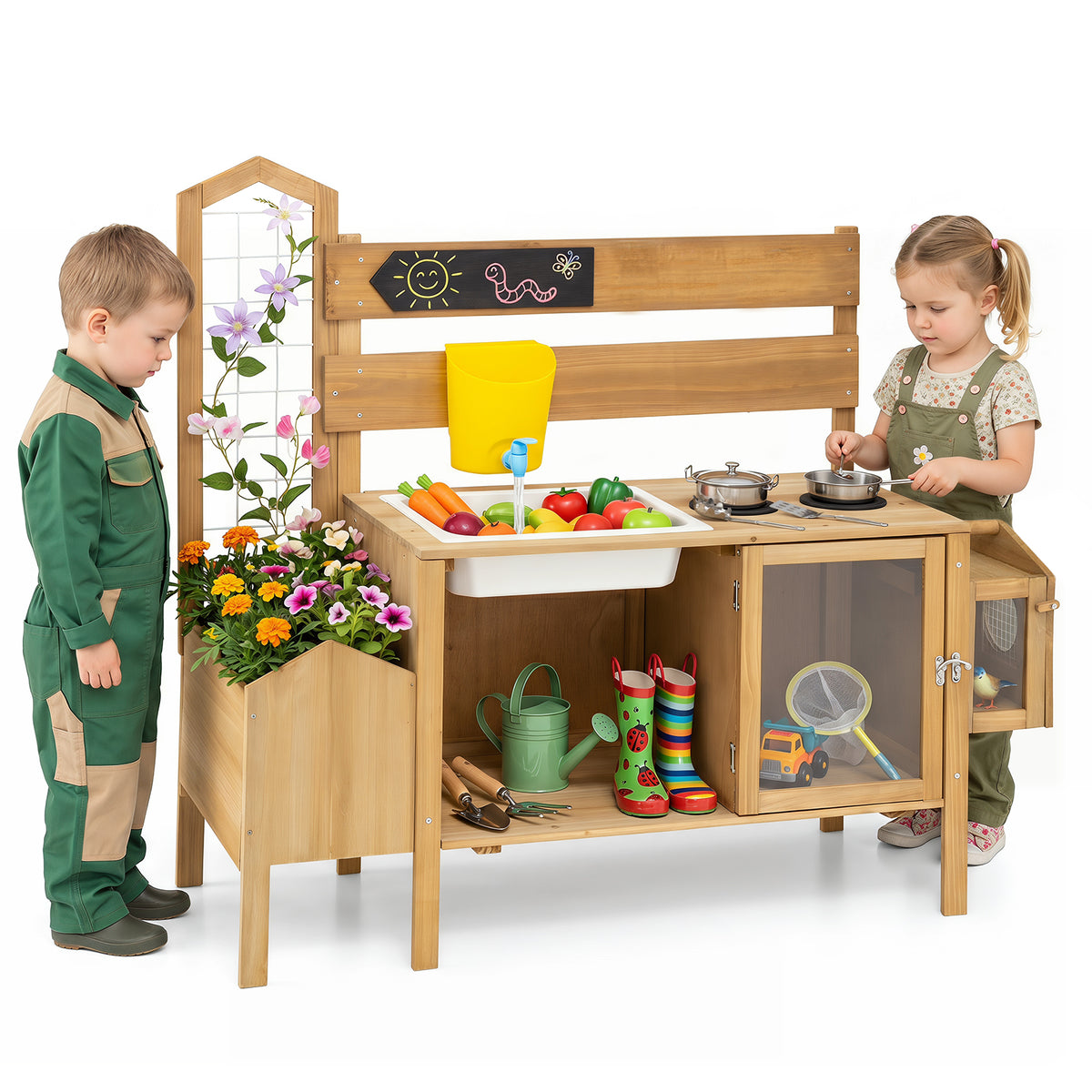 Natural Kids Mud Kitchen | Sink Stove Planter Bird Cage