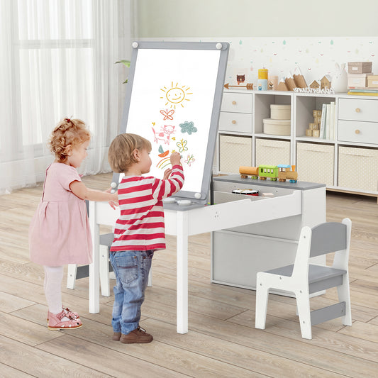Costway Multi-Functional Kids Art Table and Chair Set with Liftable Tabletop and Paper Roll-Grey