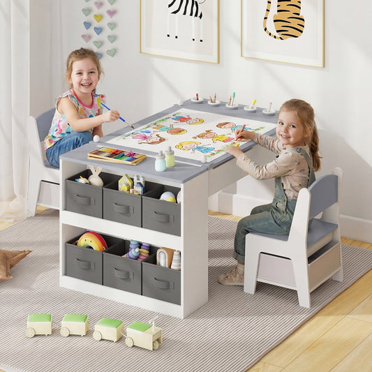 Grey Kids Art Easel Table & Chair Set | Flip-Top with Storage