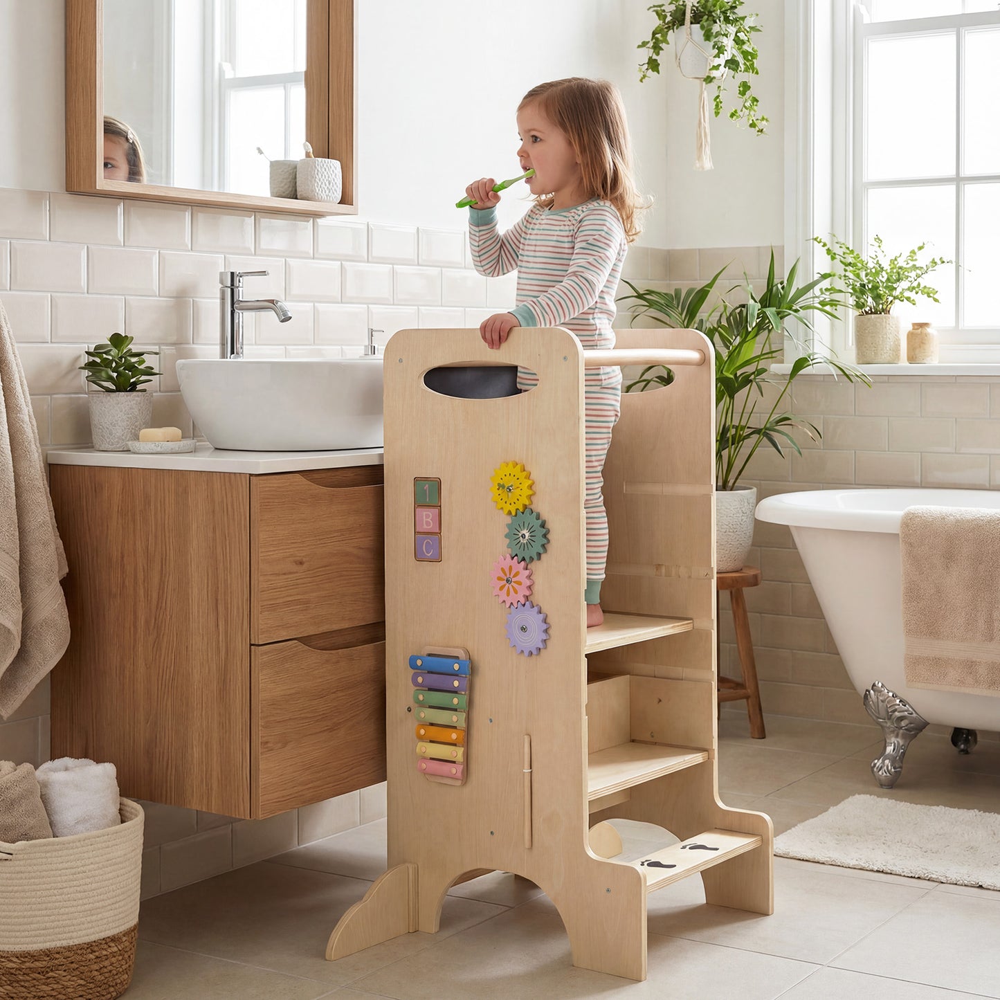 Natural Kids Step Stool Tower | 3 Adjustable Heights & Chalkboard