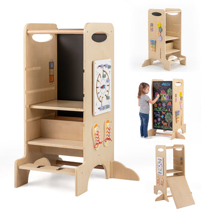 Natural Kids Step Stool Tower | 3 Adjustable Heights & Chalkboard