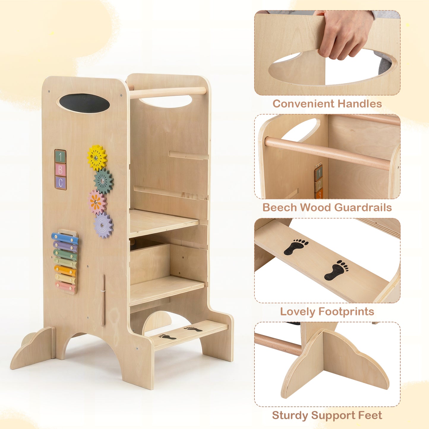 Natural Kids Step Stool Tower | 3 Adjustable Heights & Chalkboard