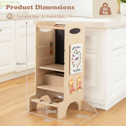Natural Kids Step Stool Tower | 3 Adjustable Heights & Chalkboard