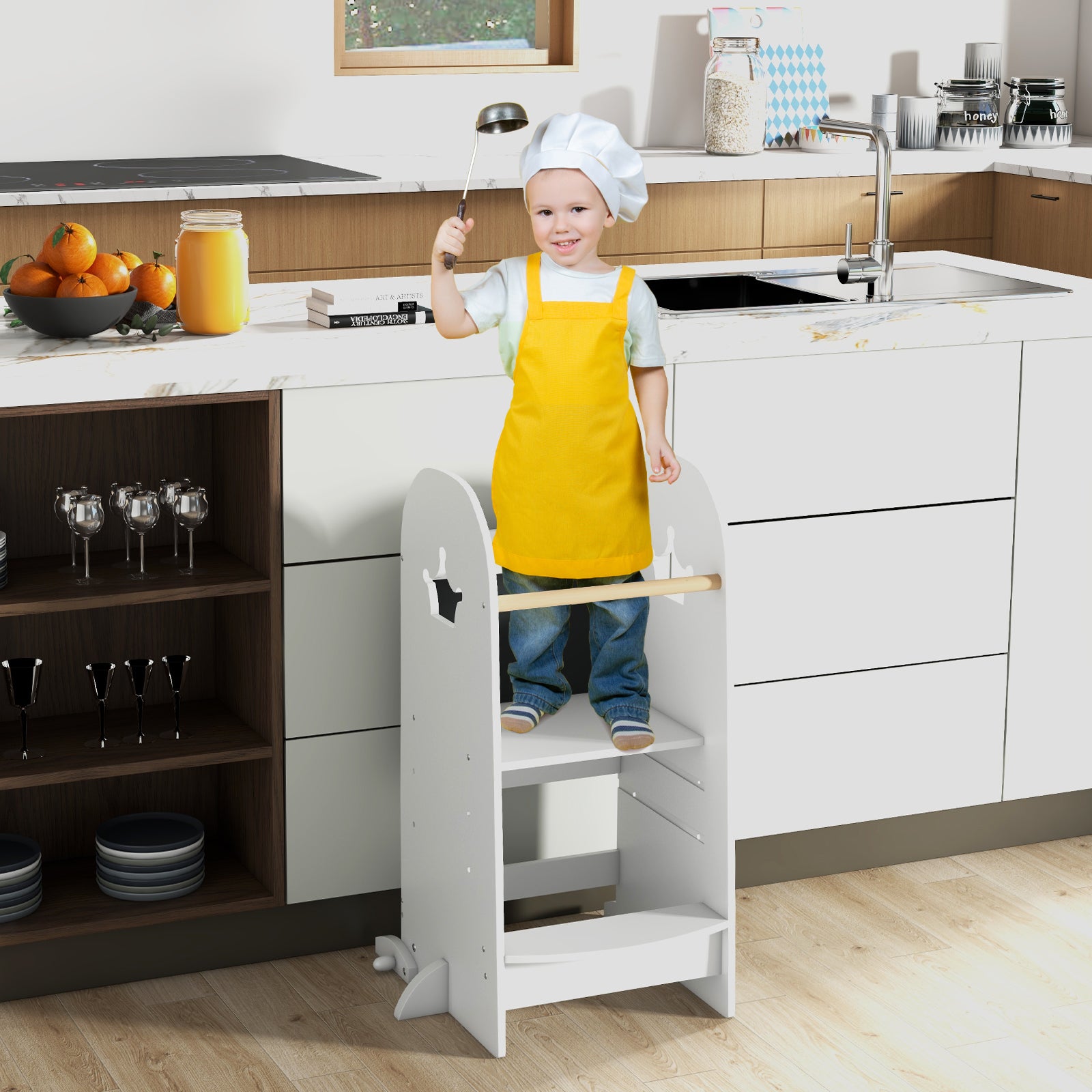 Costway Multipurpose Wooden Kids Kitchen Tower with 3-Level Adjustable Platform-White
