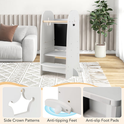 White Wooden Kids Kitchen Tower | 3-Level Adjustable Platform