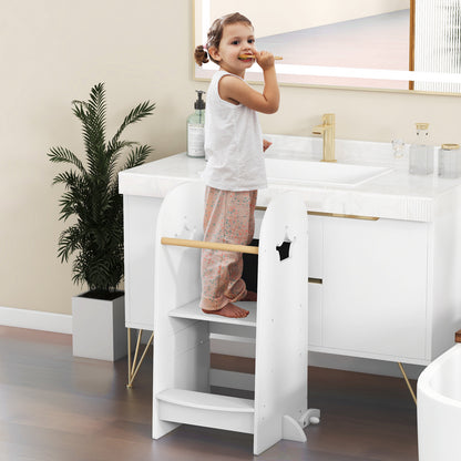 White Wooden Kids Kitchen Tower | 3-Level Adjustable Platform