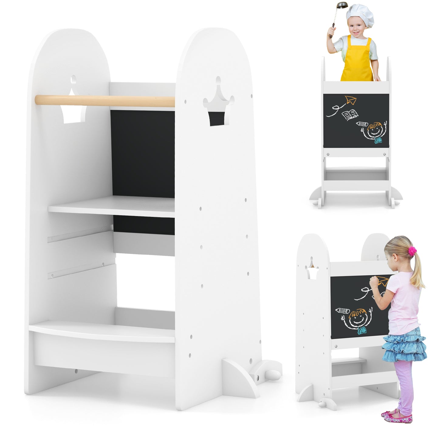 White Wooden Kids Kitchen Tower | 3-Level Adjustable Platform