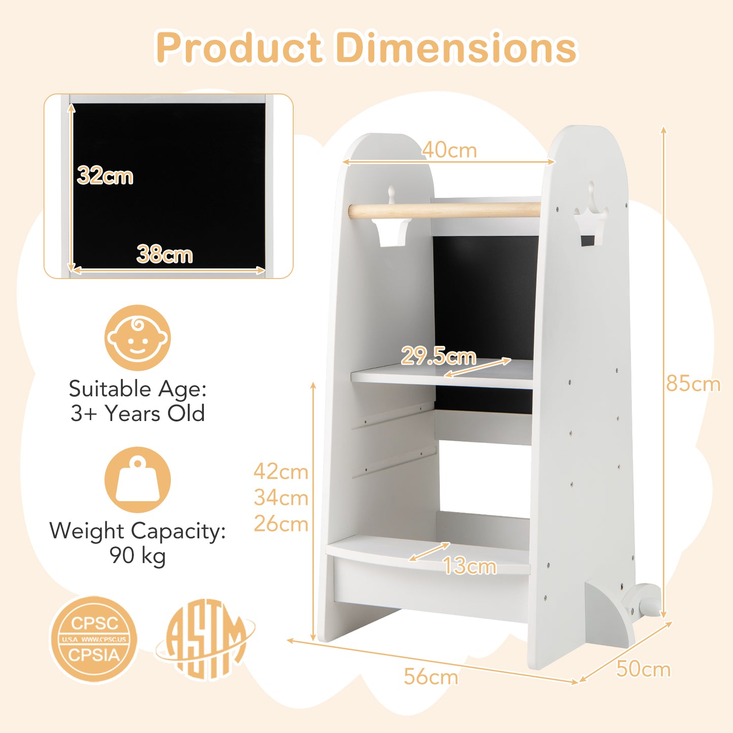 White Wooden Kids Kitchen Tower | 3-Level Adjustable Platform