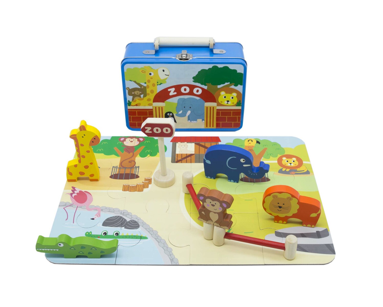 Colorful zoo puzzle playset in portable tin case for engaging childrens home entertainment.