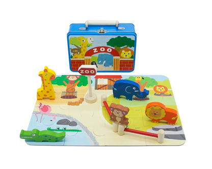 Colorful zoo puzzle playset in portable tin case for engaging childrens home entertainment.