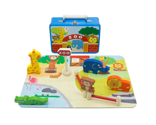 Colorful zoo puzzle playset in portable tin case for engaging childrens home entertainment.