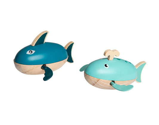 Wooden Shark & Whale Wind Up | Bath Fun Toy in Blue