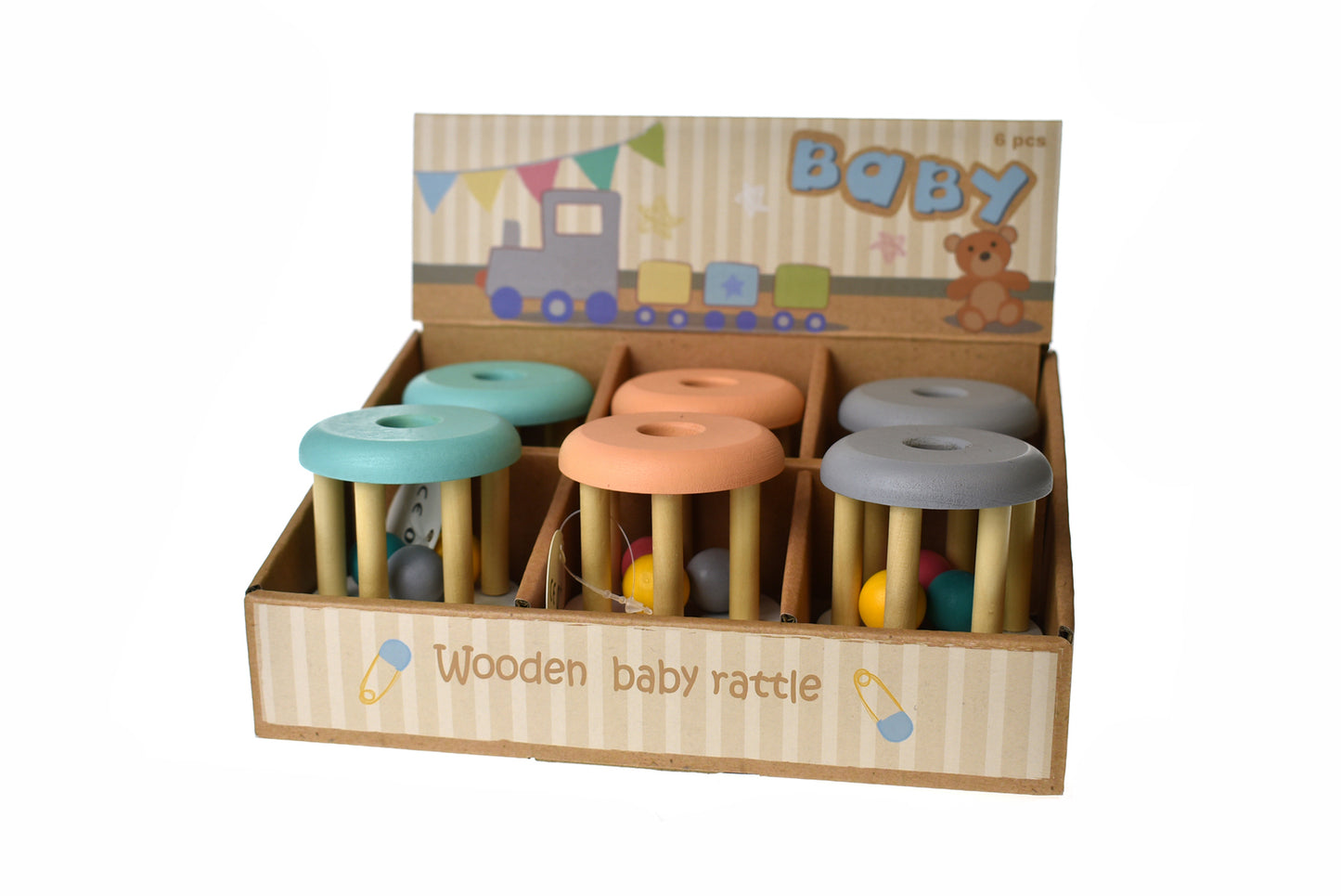 Wooden Rattle | Sensory Toy for Babies, Smooth & Colorful