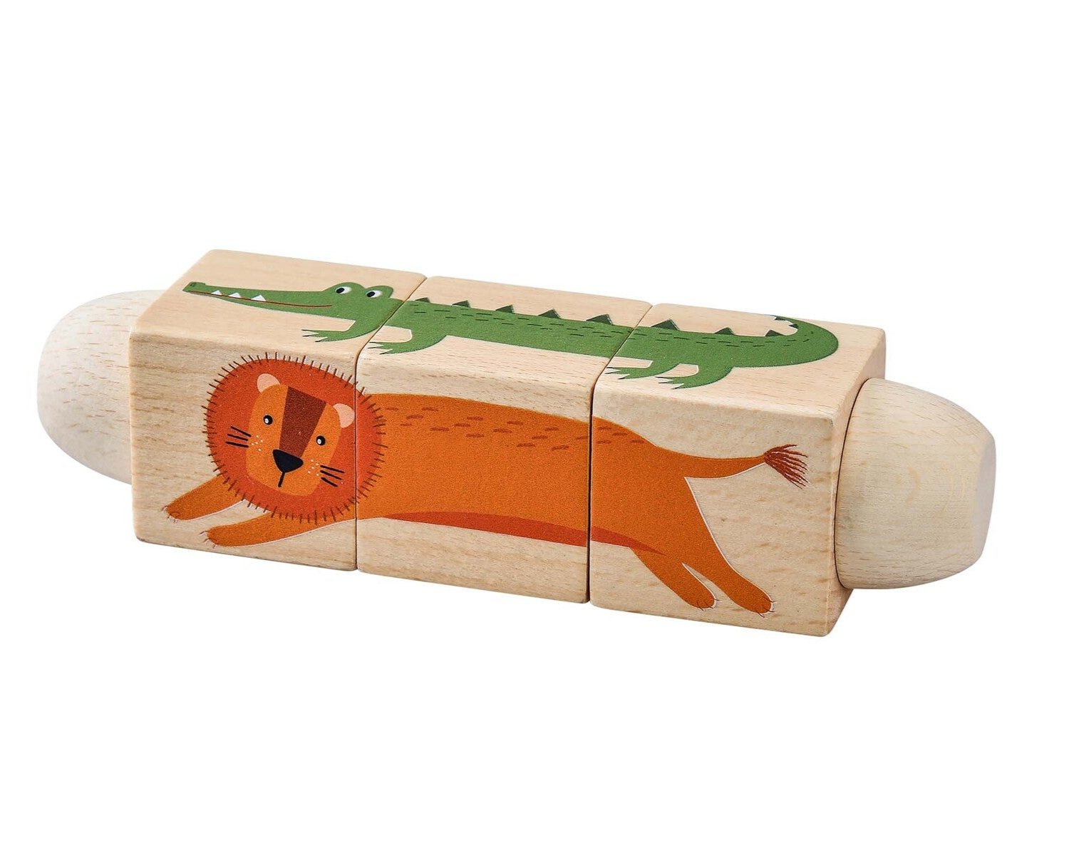 Colorful jungle animal twist puzzle block for toddlers, promotes fine motor skills and creativity.