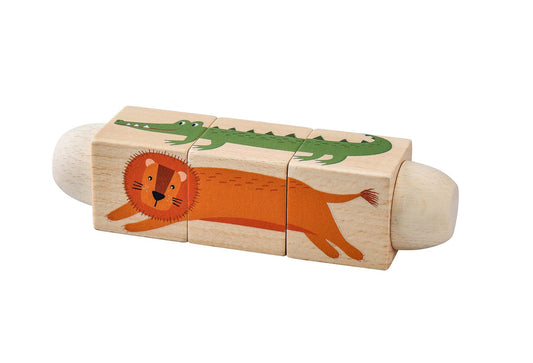 Colorful jungle animal twist puzzle block for toddlers, promotes fine motor skills and creativity.