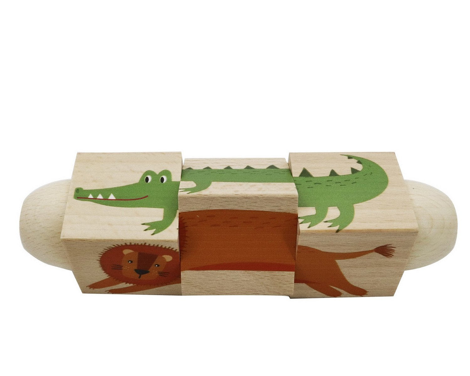 Colorful wooden twist puzzle block with jungle animals for engaging toddler play at home.