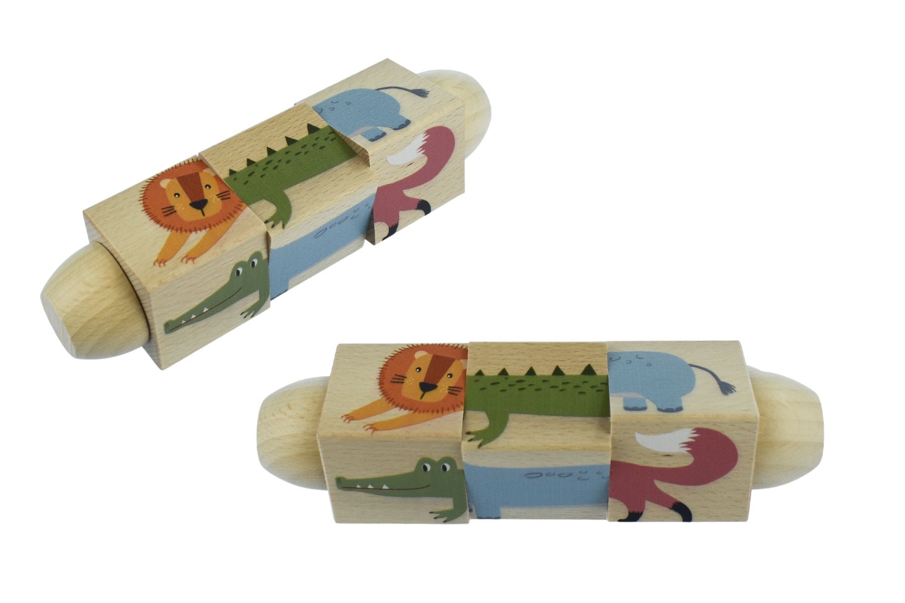 Kaper Kidz wooden twist puzzle block featuring jungle animals for toddler play and learning.