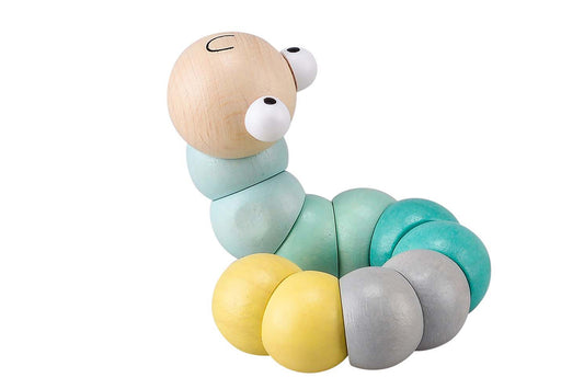 Kaper Kidz Olive Green Wooden Jointed Worm Teether for soothing teething babies.