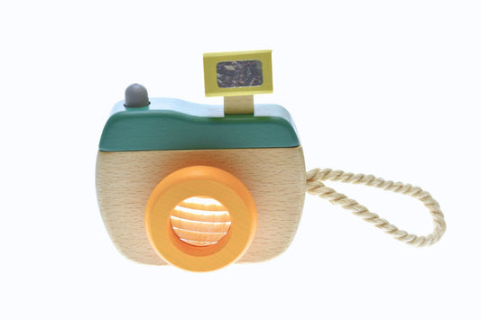 Wooden kaleidoscope camera toy in Olive Green, engaging spatial visuals for imaginative play.